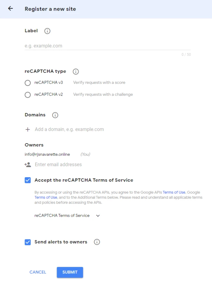 Register a new site form Register a new site form